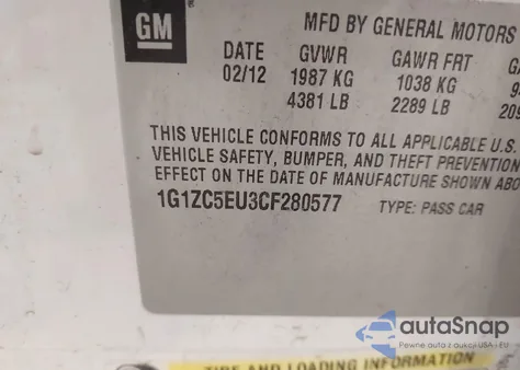 2012 Chevrolet Malibu 1Lt z USA, uszkodzony, nr VIN 1G1ZC5EU3CF280577